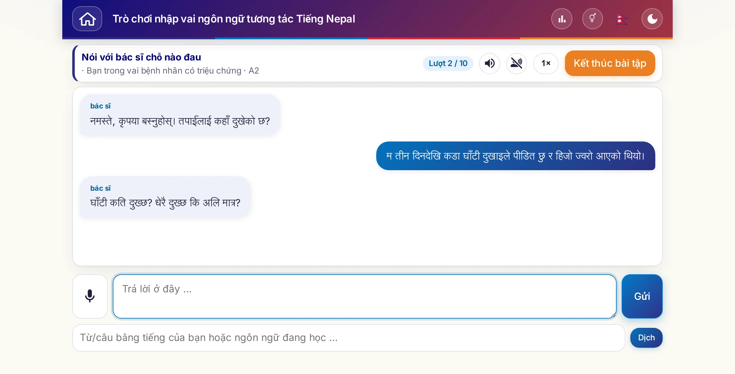Một trò chơi nhập vai đang diễn ra: bác sĩ hỏi về mức độ đau, sốt và diễn biến trong ngày, người học trả lời tự do và cuối cùng xin đơn thuốc.