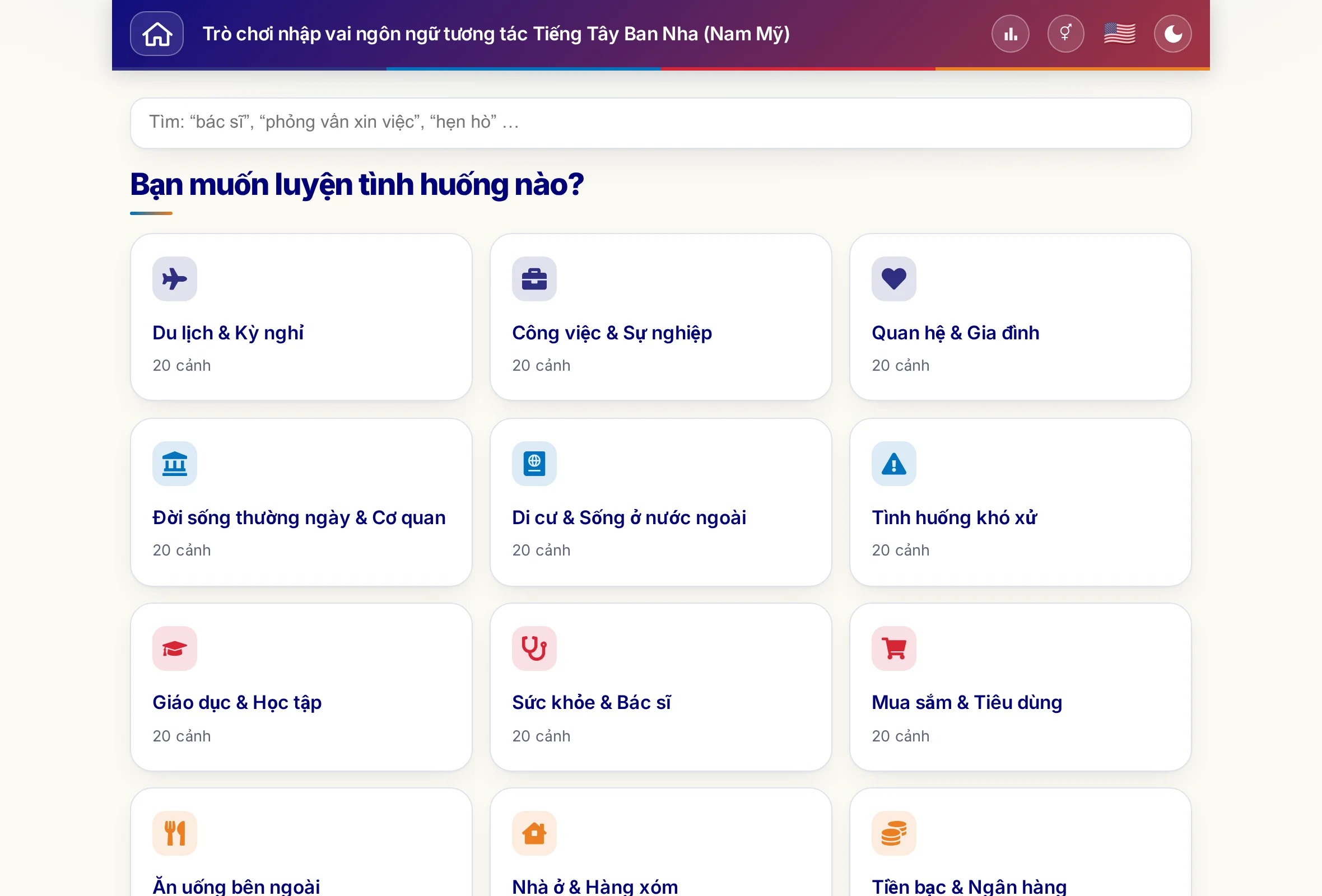 Trò chơi nhập vai với ô tìm kiếm và 15 chủ đề.