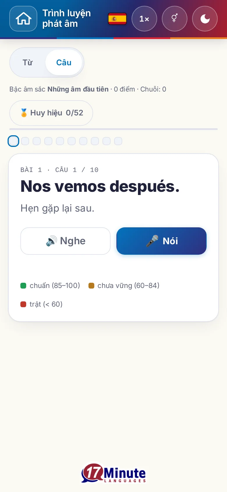 Điện thoại: một bài luyện phát âm đã bắt đầu, có câu đích và bảng chú giải chấm điểm.