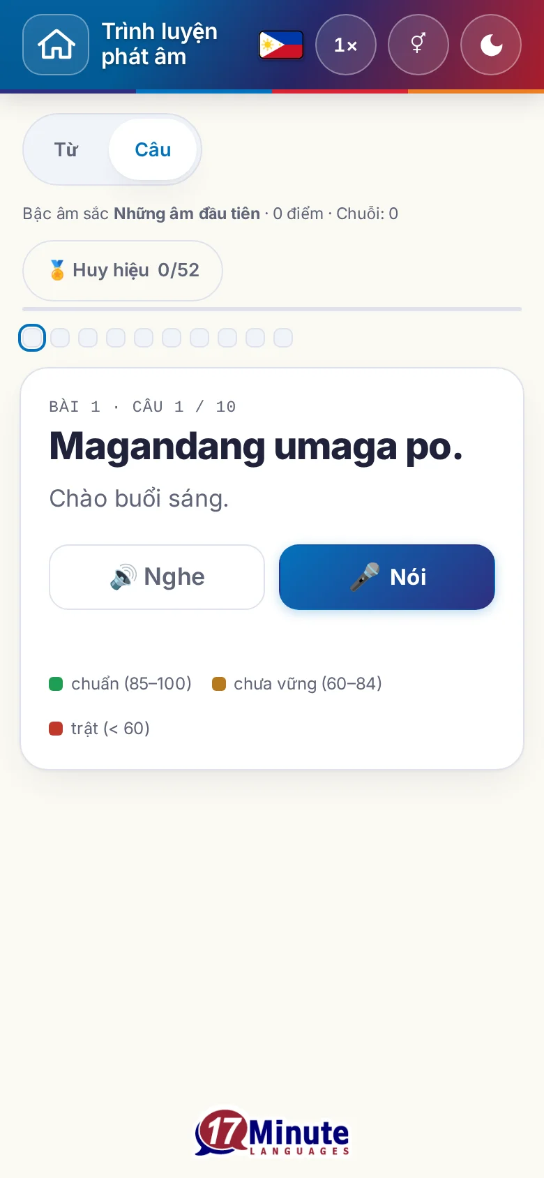 Điện thoại: một bài luyện phát âm đã bắt đầu, có câu đích và bảng chú giải chấm điểm.