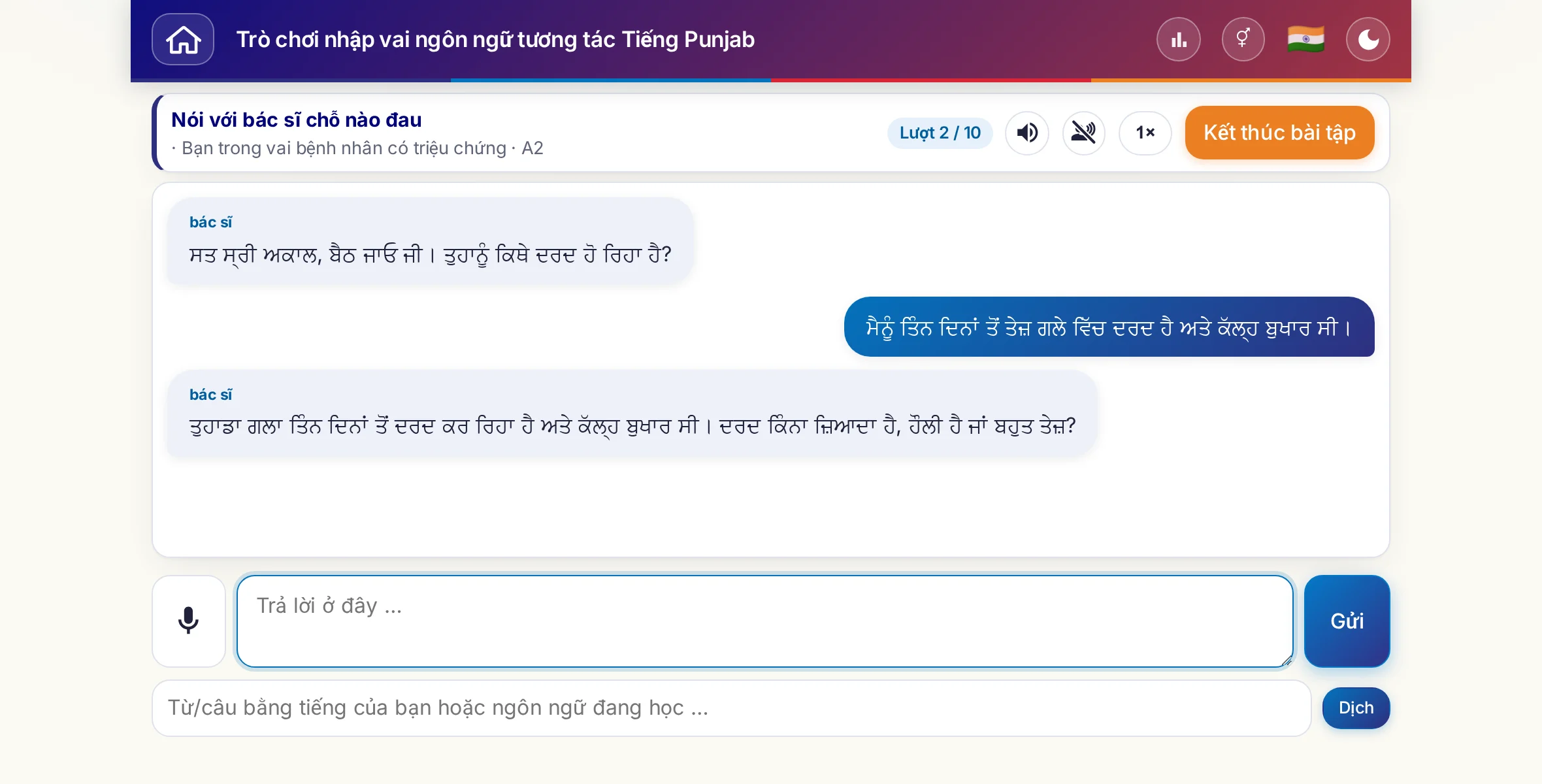 Một trò chơi nhập vai đang diễn ra: bác sĩ hỏi về mức độ đau, sốt và diễn biến trong ngày, người học trả lời tự do và cuối cùng xin đơn thuốc.