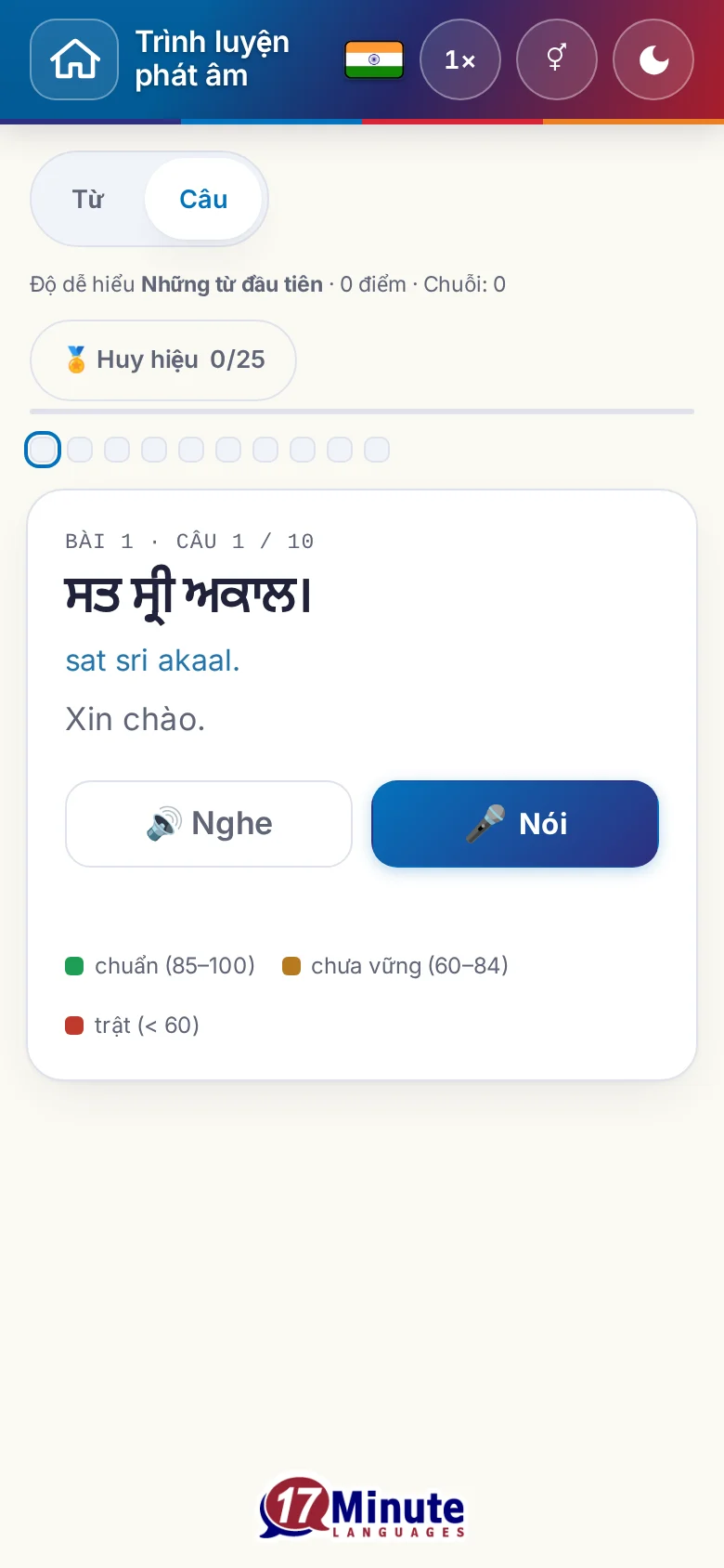 Điện thoại: một bài luyện phát âm đã bắt đầu, có câu đích và bảng chú giải chấm điểm.