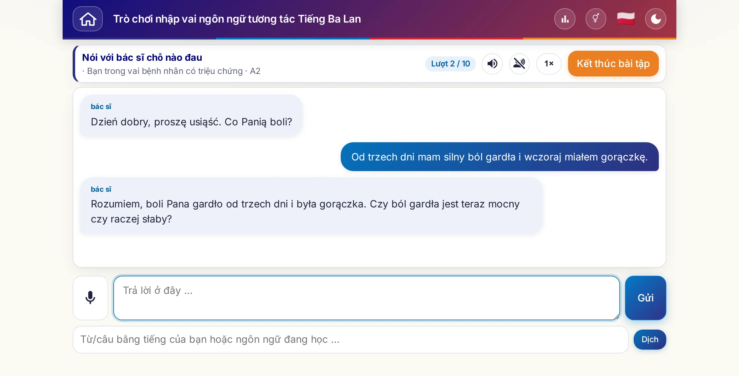 Một trò chơi nhập vai đang diễn ra: bác sĩ hỏi về mức độ đau, sốt và diễn biến trong ngày, người học trả lời tự do và cuối cùng xin đơn thuốc.