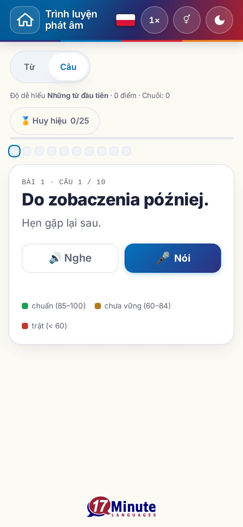 Điện thoại: một bài luyện phát âm đã bắt đầu, có câu đích và bảng chú giải chấm điểm.