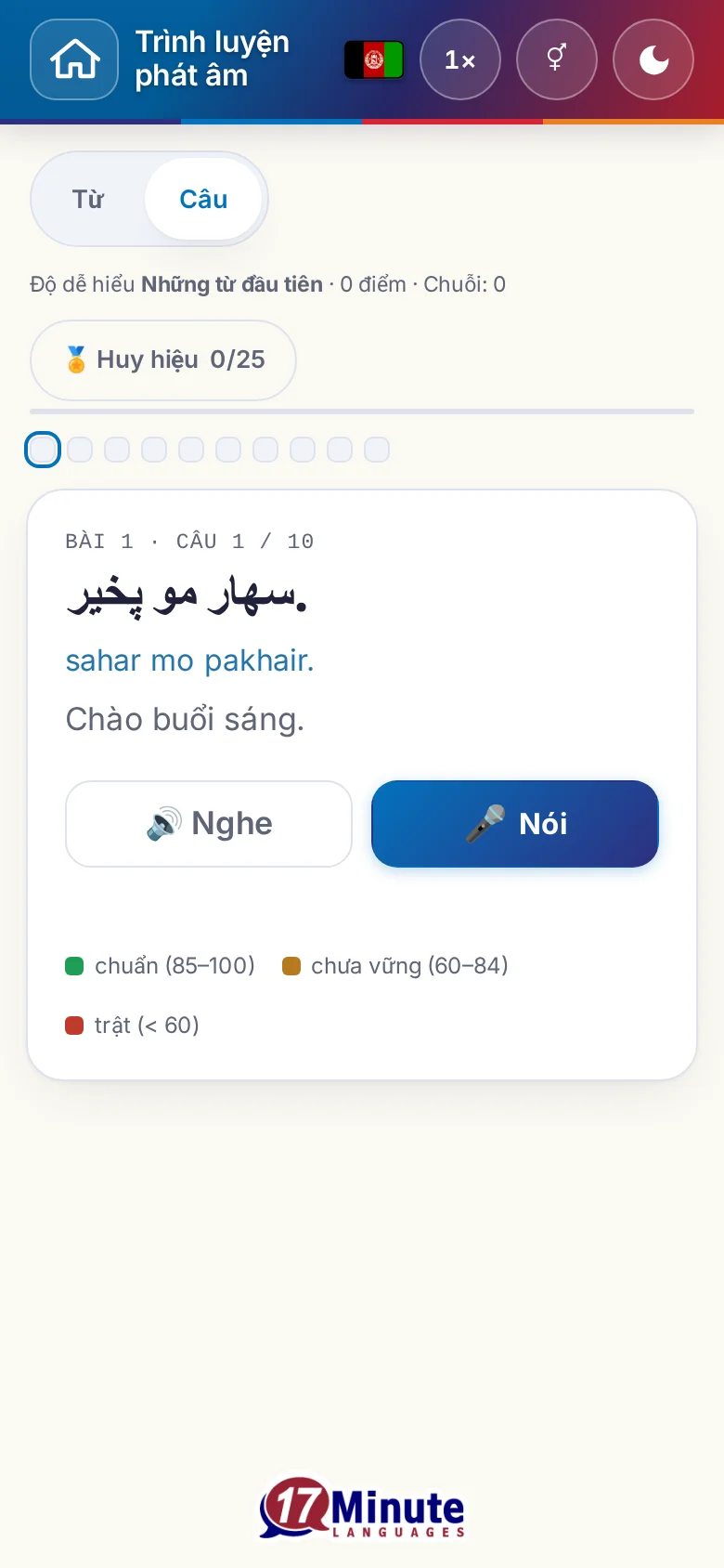 Điện thoại: một bài luyện phát âm đã bắt đầu, có câu đích và bảng chú giải chấm điểm.