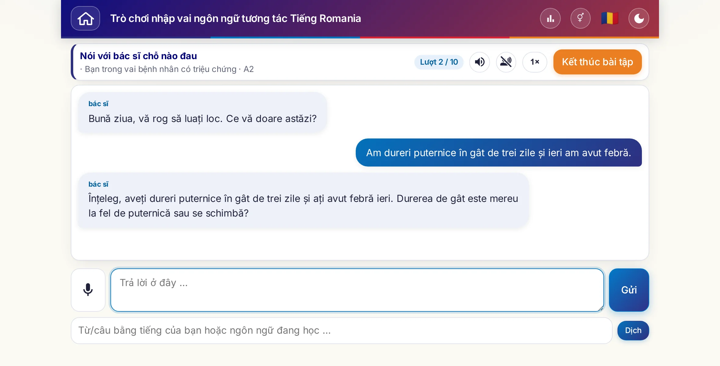 Một trò chơi nhập vai đang diễn ra: bác sĩ hỏi về mức độ đau, sốt và diễn biến trong ngày, người học trả lời tự do và cuối cùng xin đơn thuốc.