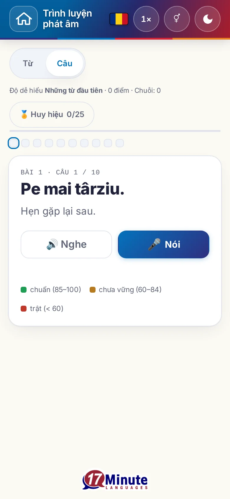 Điện thoại: một bài luyện phát âm đã bắt đầu, có câu đích và bảng chú giải chấm điểm.
