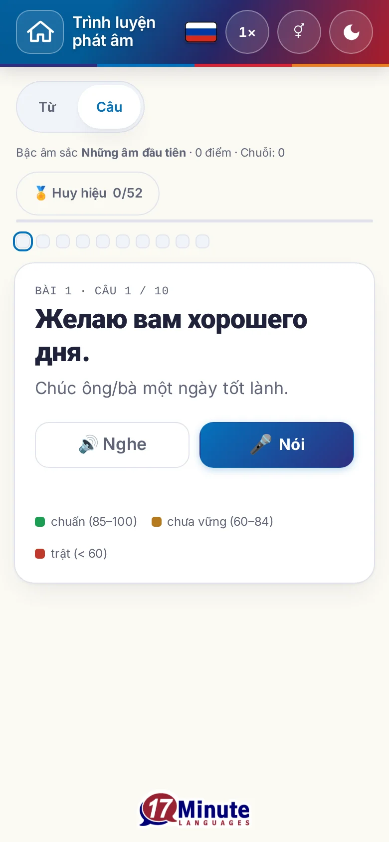Điện thoại: một bài luyện phát âm đã bắt đầu, có câu đích và bảng chú giải chấm điểm.
