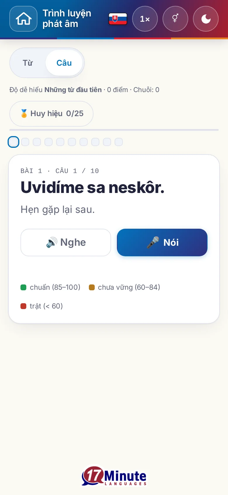 Điện thoại: một bài luyện phát âm đã bắt đầu, có câu đích và bảng chú giải chấm điểm.