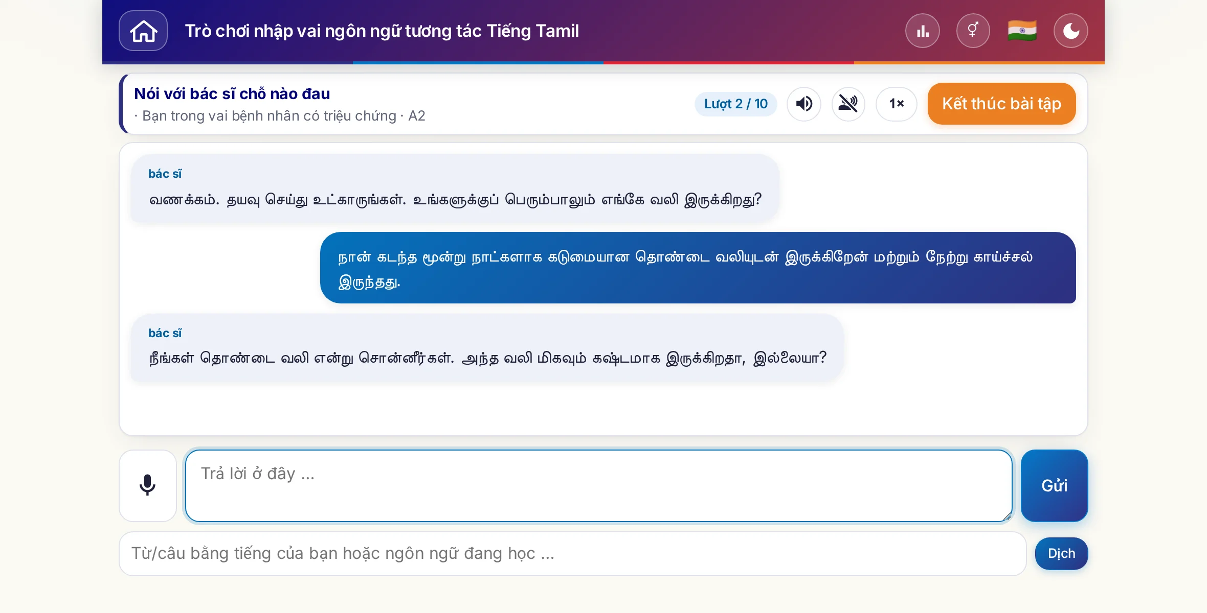 Một trò chơi nhập vai đang diễn ra: bác sĩ hỏi về mức độ đau, sốt và diễn biến trong ngày, người học trả lời tự do và cuối cùng xin đơn thuốc.