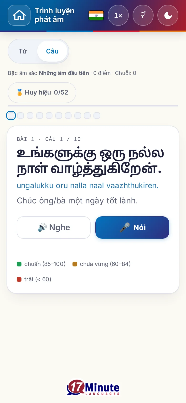 Điện thoại: một bài luyện phát âm đã bắt đầu, có câu đích và bảng chú giải chấm điểm.