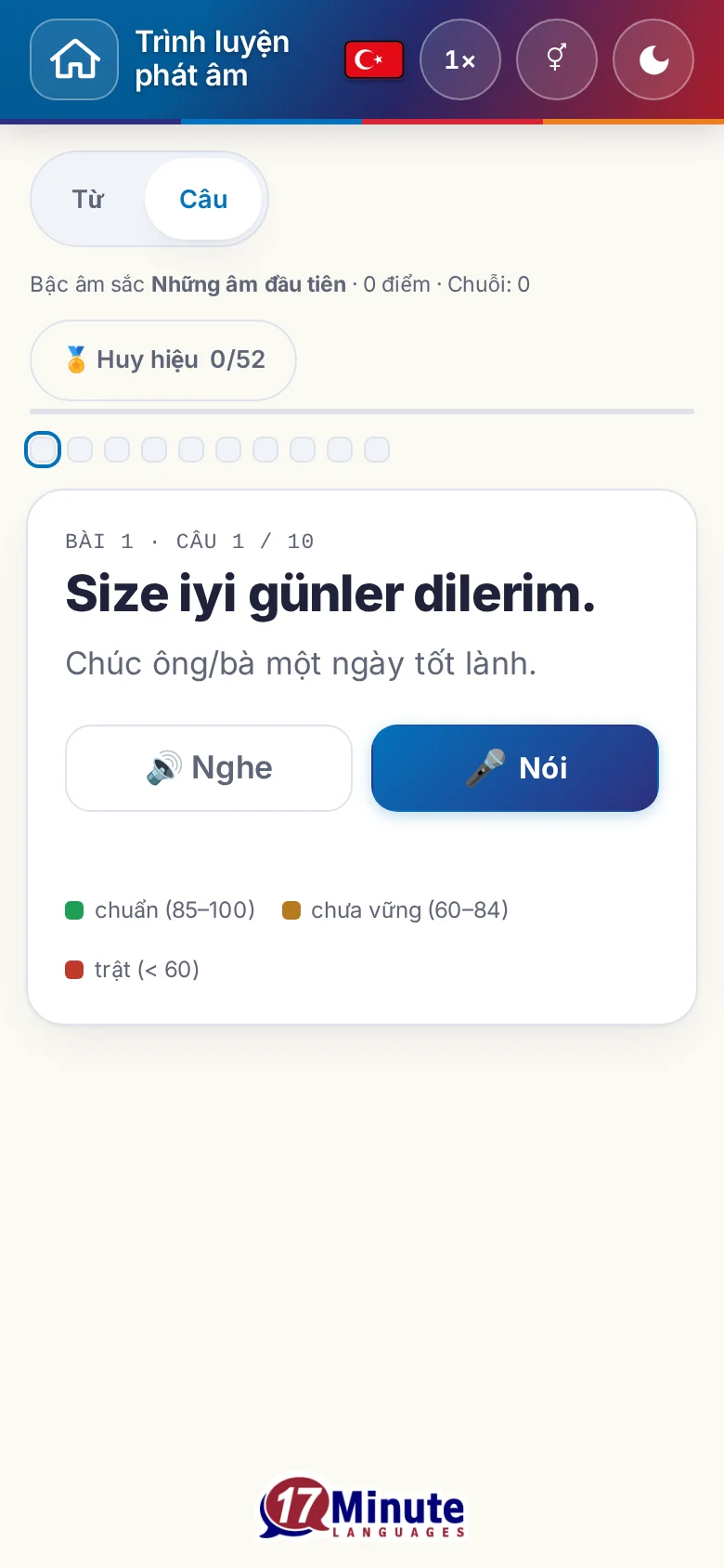 Điện thoại: một bài luyện phát âm đã bắt đầu, có câu đích và bảng chú giải chấm điểm.